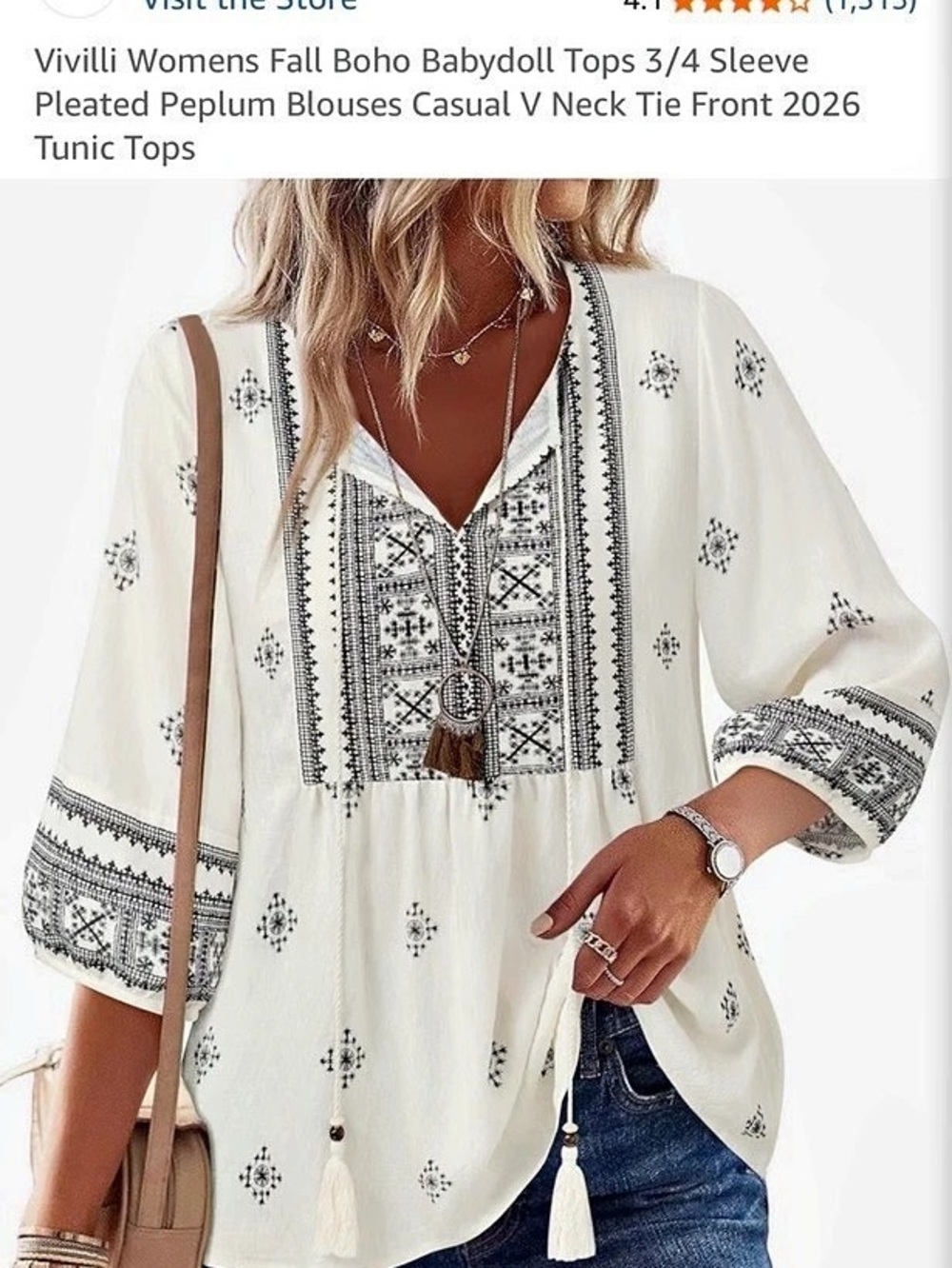 VIVILLI Womens Fall Boho Babydoll Top 3/4 Sleeve Pleated Peplum Blouse White &